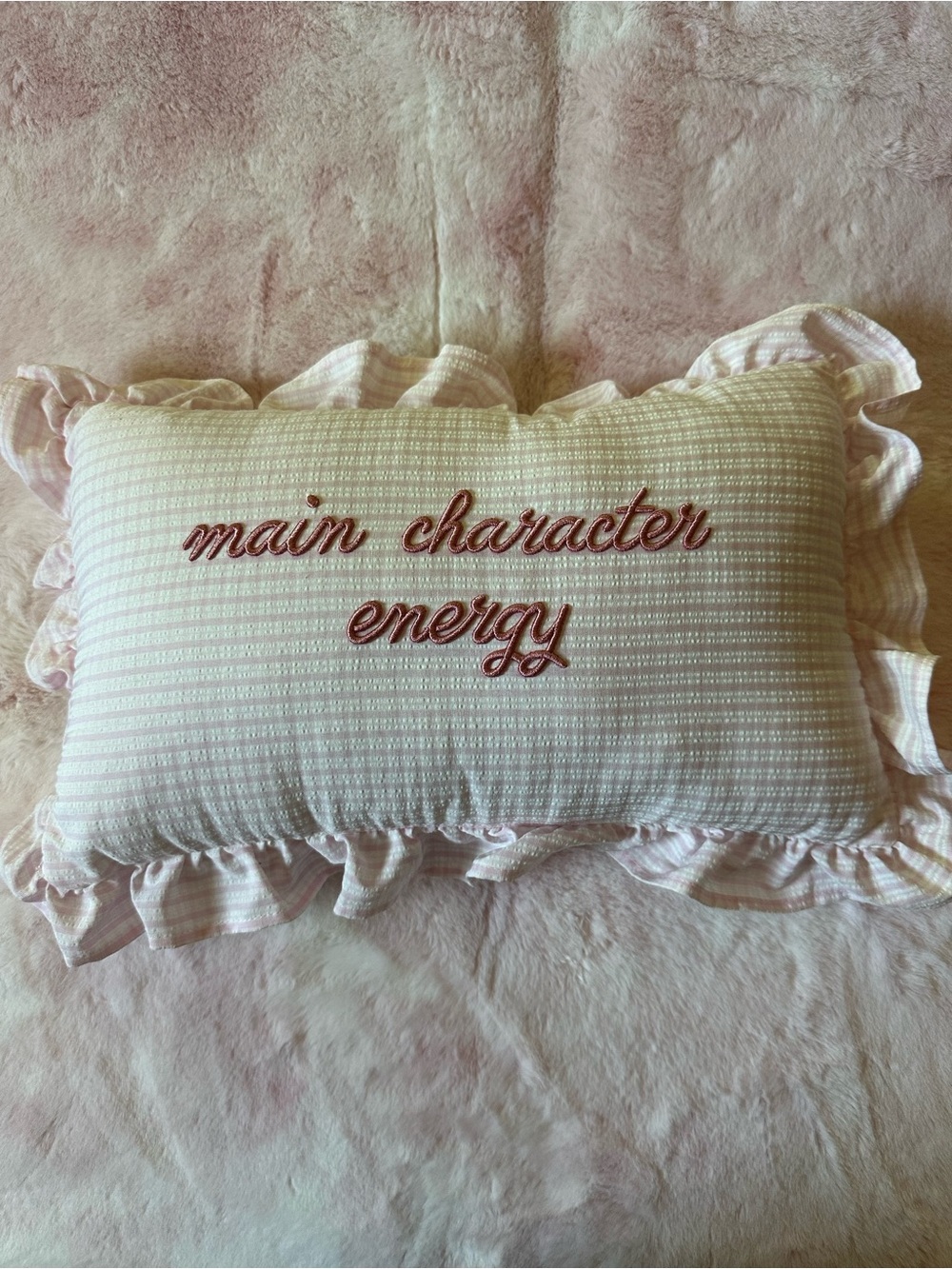 Main Character Energy Ruffle Decorative Pillow - Pink Embroidered